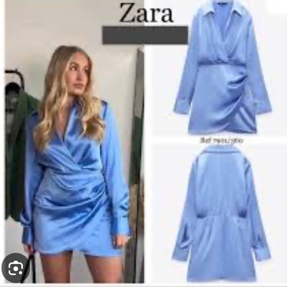 Zara Women's Light Blue Satin Wrap Dress - Picture 1 of 5